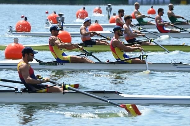 Athletes compete in the men's pair heats during the Tokyo 2020 Olympic Games at the Sea Forest Waterway in Tokyo on July 24, 2021.