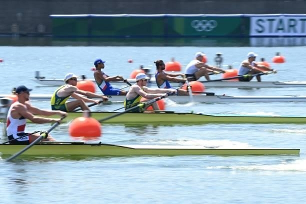 Australia's Sam Hardy and Australia's Joshua Hicks compete in the men's pair heats during the Tokyo 2020 Olympic Games at the Sea Forest Waterway in...