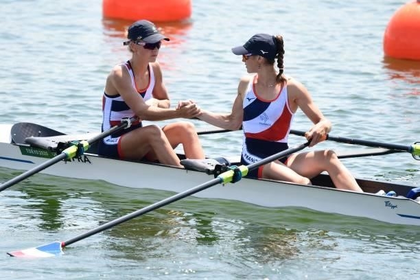 France's Laura Tarantola and France's Claire Bove compete in the lightweight women's double sculls heats during the Tokyo 2020 Olympic Games at the...