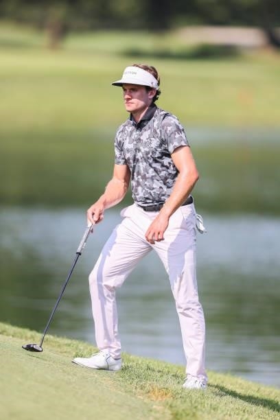James Nicholas looks on from the 18th hole during the second round of the Price Cutter Charity Championship presented by Dr. Pepper at Highland...