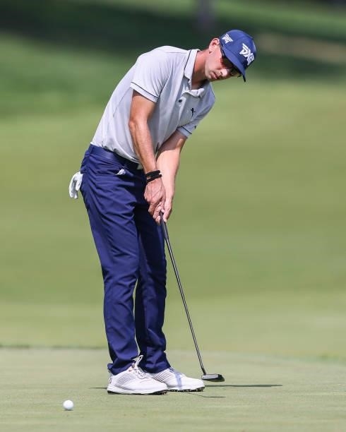 Seth Reeves putts on the 9th green during the second round of the Price Cutter Charity Championship presented by Dr. Pepper at Highland Spring...