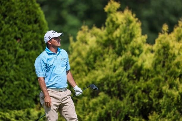 Nicholas Thompson looks on from the 12 tee during the second round of the Price Cutter Charity Championship presented by Dr. Pepper at Highland...