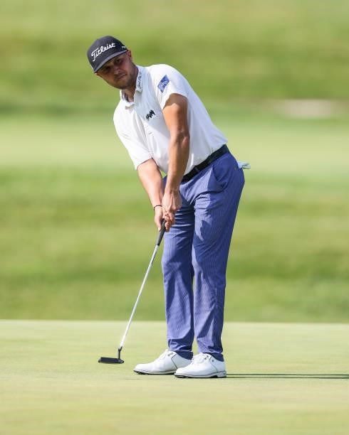 Kevin Lucas putts on the 18th green during the second round of the Price Cutter Charity Championship presented by Dr. Pepper at Highland Spring...