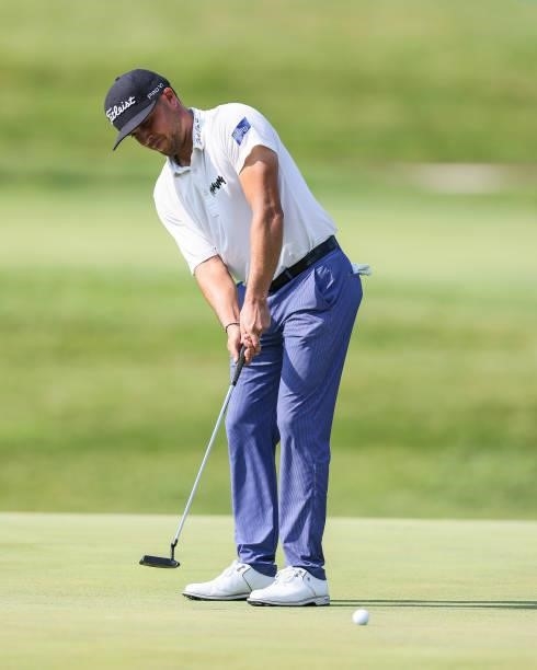 Kevin Lucas putts on the 18th green during the second round of the Price Cutter Charity Championship presented by Dr. Pepper at Highland Spring...