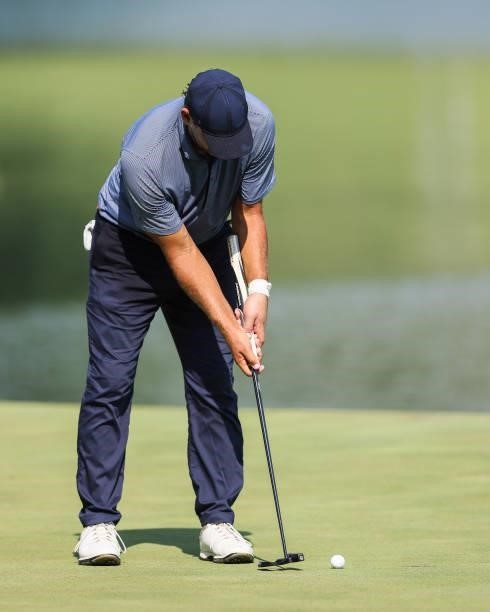 Tony Romo, former NFL quarterback, putts on the 9th green during the second round of the Price Cutter Charity Championship presented by Dr. Pepper at...