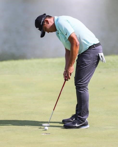 Kevin Yu of Chinese Taipei putts on the 9th green during the second round of the Price Cutter Charity Championship presented by Dr. Pepper at...
