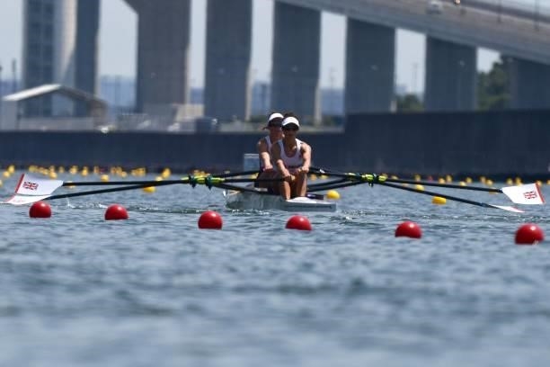Britain's Emily Craig and Britain's Imogen Grant compete in the lightweight women's double sculls heats during the Tokyo 2020 Olympic Games at the...