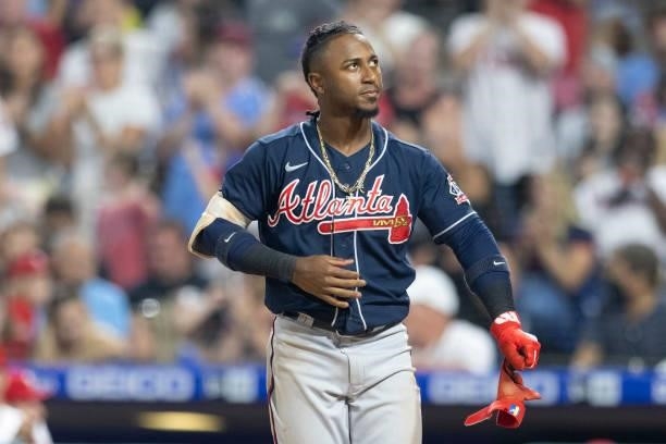 Ozzie Albies of the Atlanta Braves looks on after striking out to end the top of the seventh inning against the Philadelphia Phillies at Citizens...