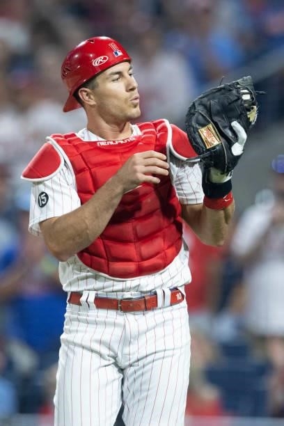 Realmuto of the Philadelphia Phillies reacts after catching a foul ball in the top of the eighth inning against the Atlanta Braves at Citizens Bank...