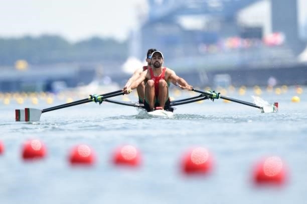 Portugal's Pedro Fraga and Portugal's Afonso Costa compete in the lightweight men's double sculls heats during the Tokyo 2020 Olympic Games at the...
