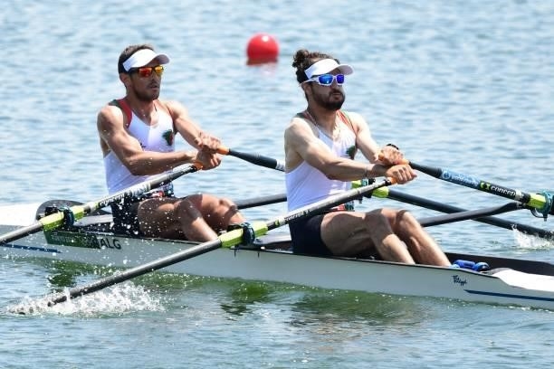 Algeria's Kamel Ait Daoud and Algeria's Sid Ali Boudina compete in the lightweight men's double sculls heats during the Tokyo 2020 Olympic Games at...