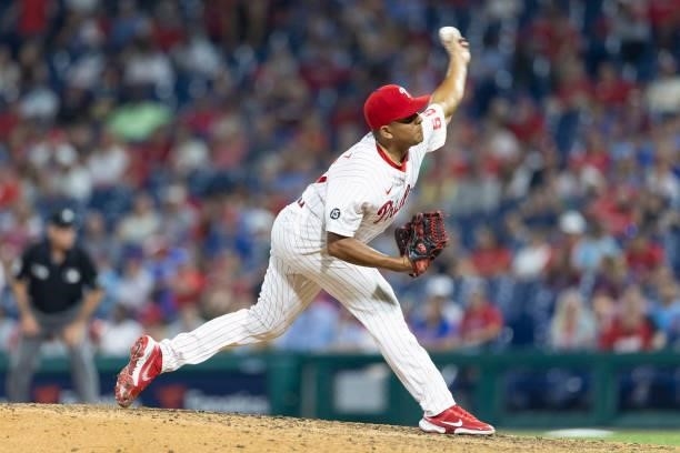 Ranger Suarez of the Philadelphia Phillies throws a pitch in the top of the ninth inning against the Atlanta Braves at Citizens Bank Park on July 23,...