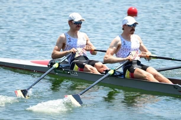 Belgium's Niels Van Zandweghe and Belgium's Tim Brys compete in the lightweight men's double sculls heats during the Tokyo 2020 Olympic Games at the...