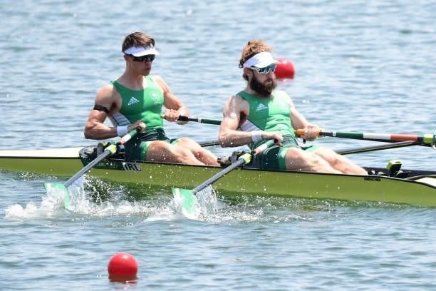 Ireland's Fintan Mc Carthy and Ireland's Paul O'donovan compete in the lightweight men's double sculls heats during the Tokyo 2020 Olympic Games at...