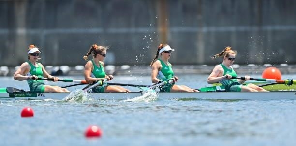 Tokyo , Japan - 24 July 2021; Aifric Keogh, Eimear Lambe, Fiona Murtagh and Emily Hegarty of Ireland in action during the heats of the Women's Four...