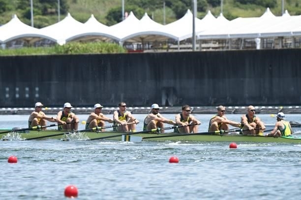Team Australia competes in the men's eight heats during the Tokyo 2020 Olympic Games at the Sea Forest Waterway in Tokyo on July 24, 2021.