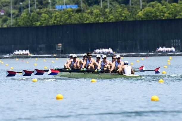 Team USA competes in the men's eight heats during the Tokyo 2020 Olympic Games at the Sea Forest Waterway in Tokyo on July 24, 2021.
