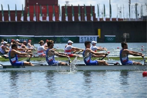 Italy's Matteo Castaldo, Italy's Bruno Rosetti, Italy's Matteo Lodo and Italy's Giuseppe Vicino compete in the men's four heats during the Tokyo 2020...