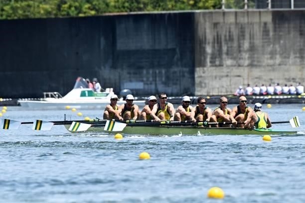 Team Australia competes in the men's eight heats during the Tokyo 2020 Olympic Games at the Sea Forest Waterway in Tokyo on July 24, 2021.