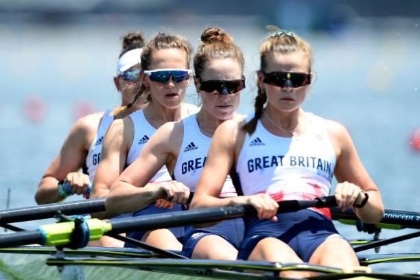 Britain's Rowan Mckellar, Harriet Taylor, Karen Bennett and Rebecca Shorten compete in the women's four heats during the Tokyo 2020 Olympic Games at...