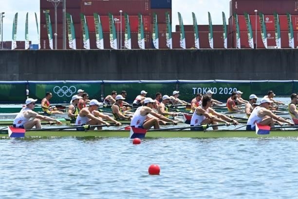 Team USA competes in the men's eight heats during the Tokyo 2020 Olympic Games at the Sea Forest Waterway in Tokyo on July 24, 2021.