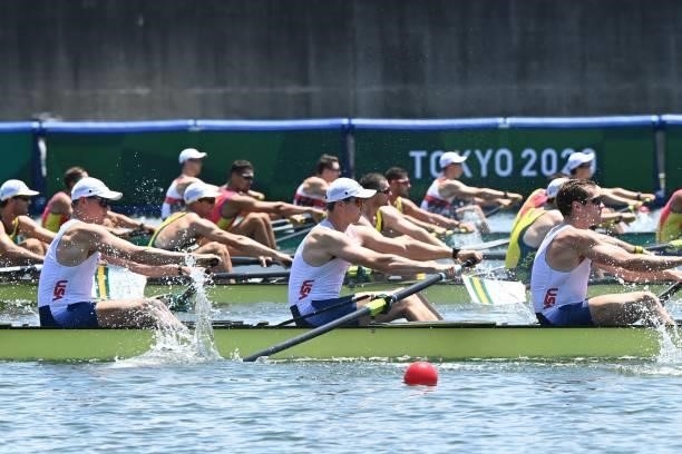 Athletes compete in the men's eight heats during the Tokyo 2020 Olympic Games at the Sea Forest Waterway in Tokyo on July 24, 2021.