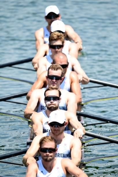 Team Great Britain competes in the men's eight heats during the Tokyo 2020 Olympic Games at the Sea Forest Waterway in Tokyo on July 24, 2021.