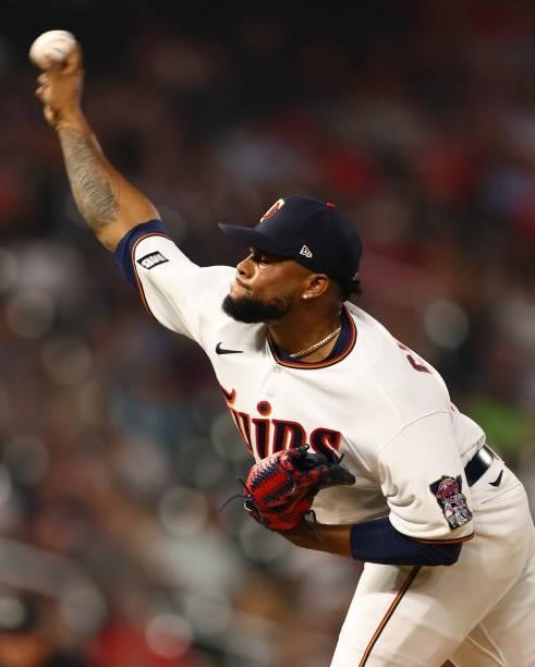 Juan Minaya of the Minnesota Twins pitches in the seventh inning against the Los Angeles Angels at Target Field on July 23, 2021 in Minneapolis,...