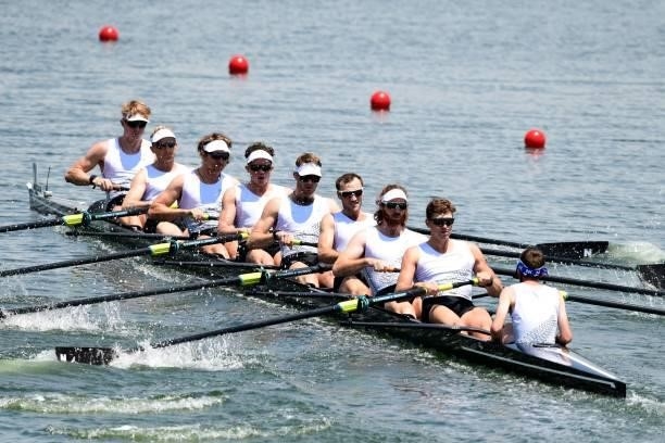 Team New Zealand competes in the men's eight heats during the Tokyo 2020 Olympic Games at the Sea Forest Waterway in Tokyo on July 24, 2021.