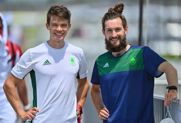 Tokyo , Japan - 24 July 2021; Fintan McCarthy, left, and Paul O'Donovan of Ireland after finishing in 1st place in the heats of the Lightweight Men's...