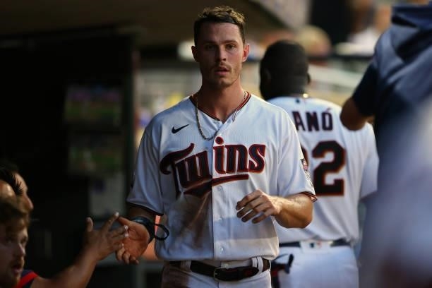 Max Kepler of the Minnesota Twins celebrates his run in the fifth inning against the Los Angeles Angels at Target Field on July 23, 2021 in...