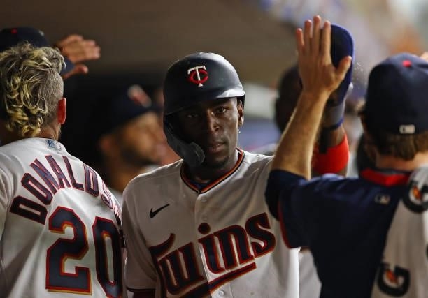 Nick Gordon of the Minnesota Twins celebrates after scoring the go ahead run in the eighth inning at Target Field on July 23, 2021 in Minneapolis,...