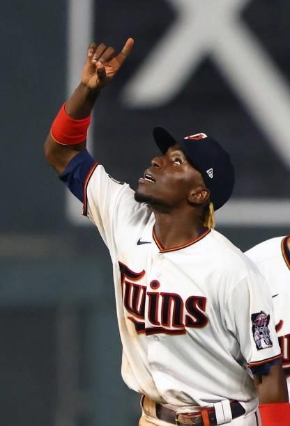 Nick Gordon of the Minnesota Twins celebrates the win against the Los Angeles Angels at Target Field on July 23, 2021 in Minneapolis, Minnesota. The...