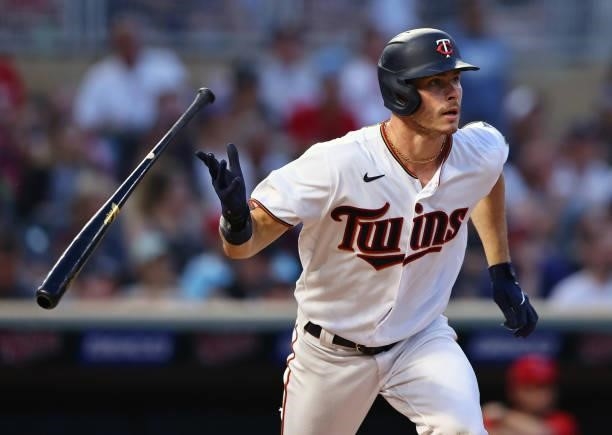 Max Kepler of the Minnesota Twins singles in the fifth inning against the Los Angeles Angels at Target Field on July 23, 2021 in Minneapolis,...