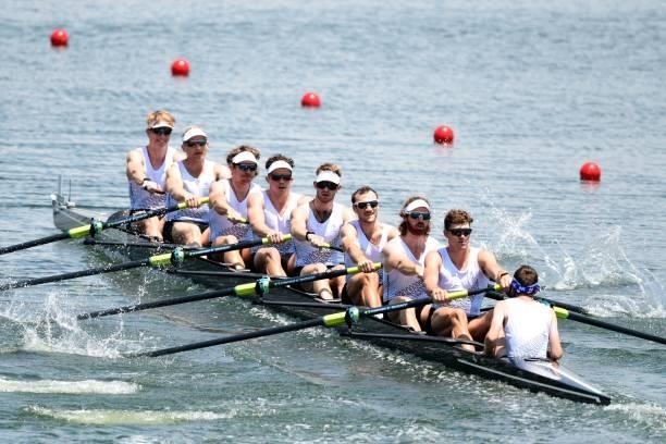 Team New Zealand competes in the men's eight heats during the Tokyo 2020 Olympic Games at the Sea Forest Waterway in Tokyo on July 24, 2021.
