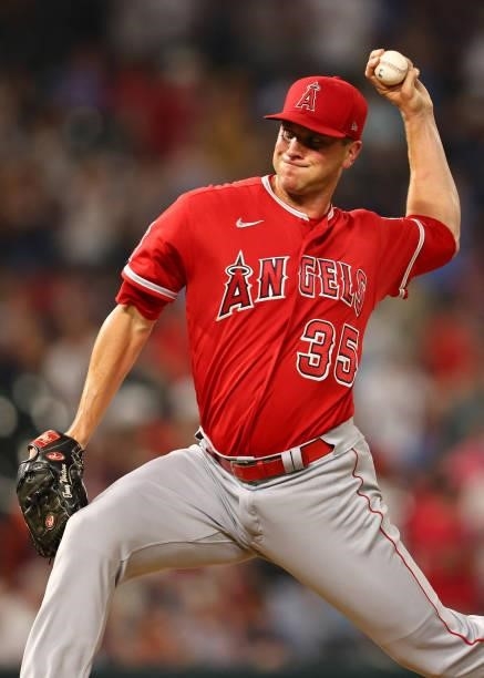 Tony Watson of the Los Angeles Angels pitches in the seventh inning against the Minnesota Twins at Target Field on July 23, 2021 in Minneapolis,...