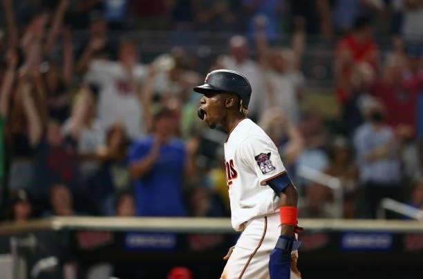 Nick Gordon of the Minnesota Twins reacts after scoring the go ahead run in the eighth inning at Target Field on July 23, 2021 in Minneapolis,...