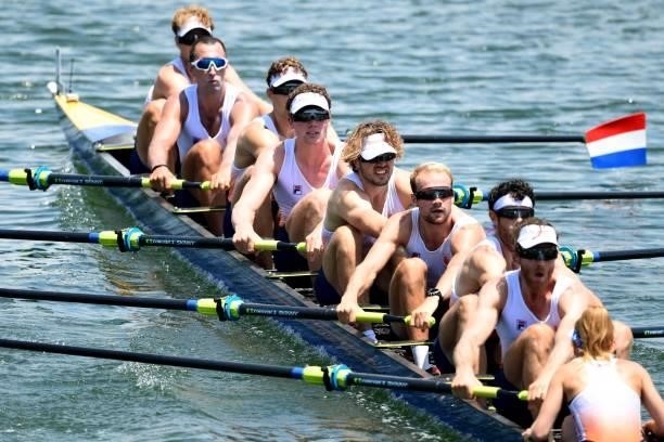 Team Netherlands competes in the men's eight heats during the Tokyo 2020 Olympic Games at the Sea Forest Waterway in Tokyo on July 24, 2021.
