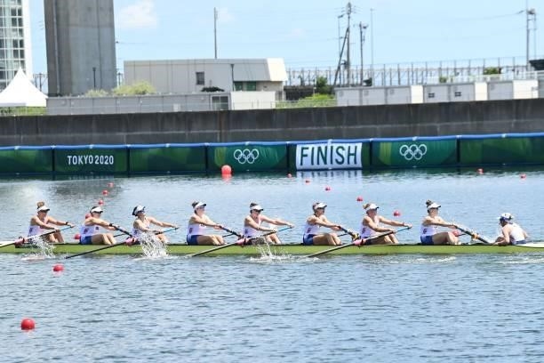 United States of America team competes in the women's eight heats during the Tokyo 2020 Olympic Games at the Sea Forest Waterway in Tokyo on July 24,...
