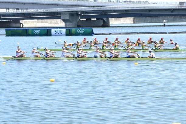Athletes compete in the women's eight heats during the Tokyo 2020 Olympic Games at the Sea Forest Waterway in Tokyo on July 24, 2021.