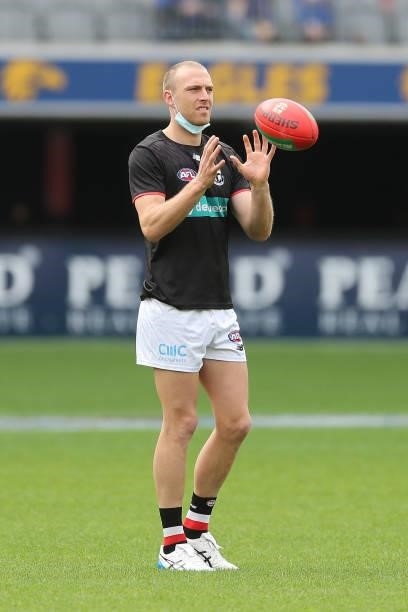 Callum Wilkie of the Saints warms up before the 2021 AFL Round 19 match between the West Coast Eagles and the St Kilda Saints at Optus Stadium on...
