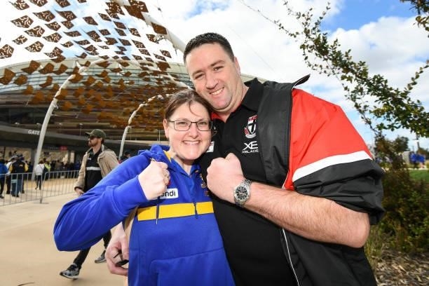 Eagles and Saints fans show their support during the 2021 AFL Round 19 match between the West Coast Eagles and the St Kilda Saints at Optus Stadium...