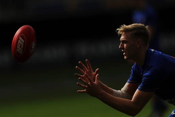 Oscar Allen of the Eagles warms up before the 2021 AFL Round 19 match between the West Coast Eagles and the St Kilda Saints at Optus Stadium on July...