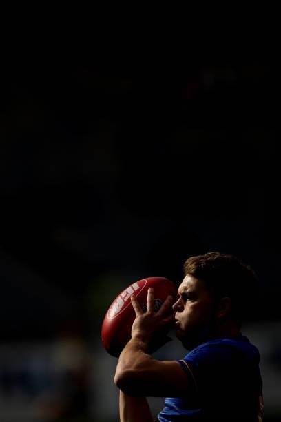 Zac Langdon of the Eagles warms up before the 2021 AFL Round 19 match between the West Coast Eagles and the St Kilda Saints at Optus Stadium on July...