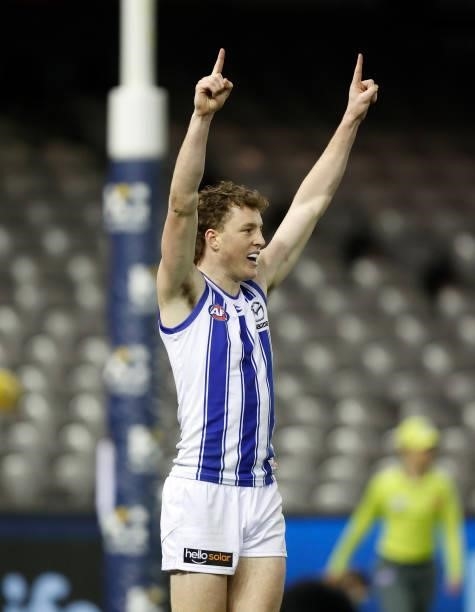 Nick Larkey of the Kangaroos celebrates during the 2021 AFL Round 19 match between the Carlton Blues and the North Melbourne Kangaroos at Marvel...
