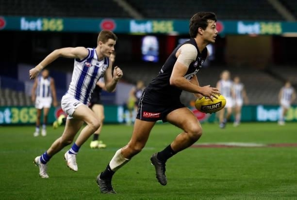 Jack Silvagni of the Blues in action during the 2021 AFL Round 19 match between the Carlton Blues and the North Melbourne Kangaroos at Marvel Stadium...
