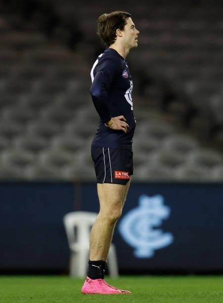 Lachie Plowman of the Blues looks dejected after a loss during the 2021 AFL Round 19 match between the Carlton Blues and the North Melbourne...