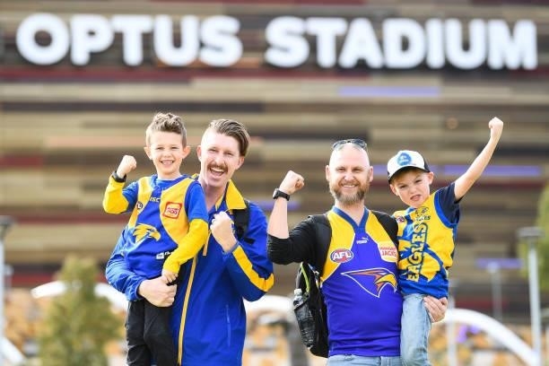 Eagles fans show their support during the 2021 AFL Round 19 match between the West Coast Eagles and the St Kilda Saints at Optus Stadium on July 24,...
