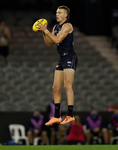 Patrick Cripps of the Blues in action during the 2021 AFL Round 19 match between the Carlton Blues and the North Melbourne Kangaroos at Marvel...