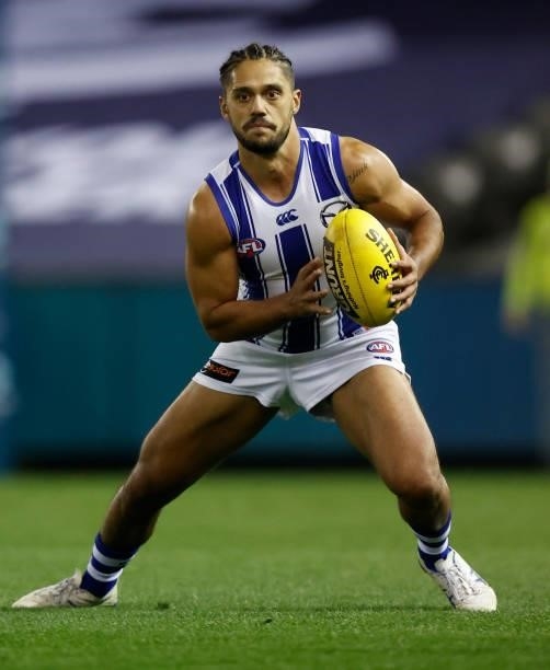 Aaron Hall of the Kangaroos in action during the 2021 AFL Round 19 match between the Carlton Blues and the North Melbourne Kangaroos at Marvel...